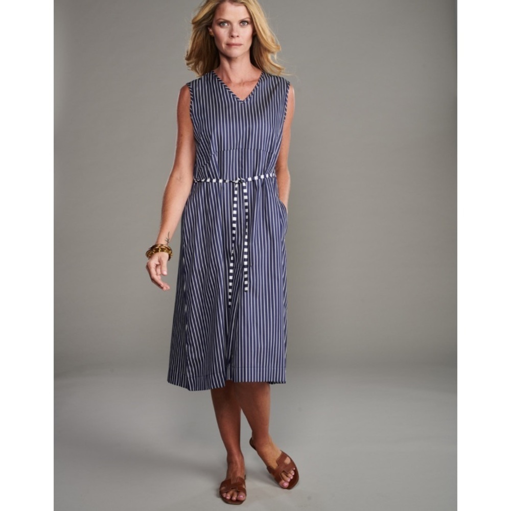 Claridge + King || V-Neck Sleeveless Shirtdress Poplin Navy Stripe Tie Large NWT